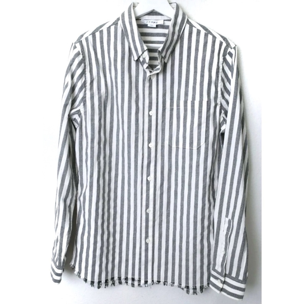 FRAME Gray White Button Down Shirt Frayed hem